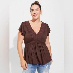 TORRID Sz 0/L Brown Lace Trim V-Neck Short Sleeve Baby Doll Tunic Blouse • VGUC‼